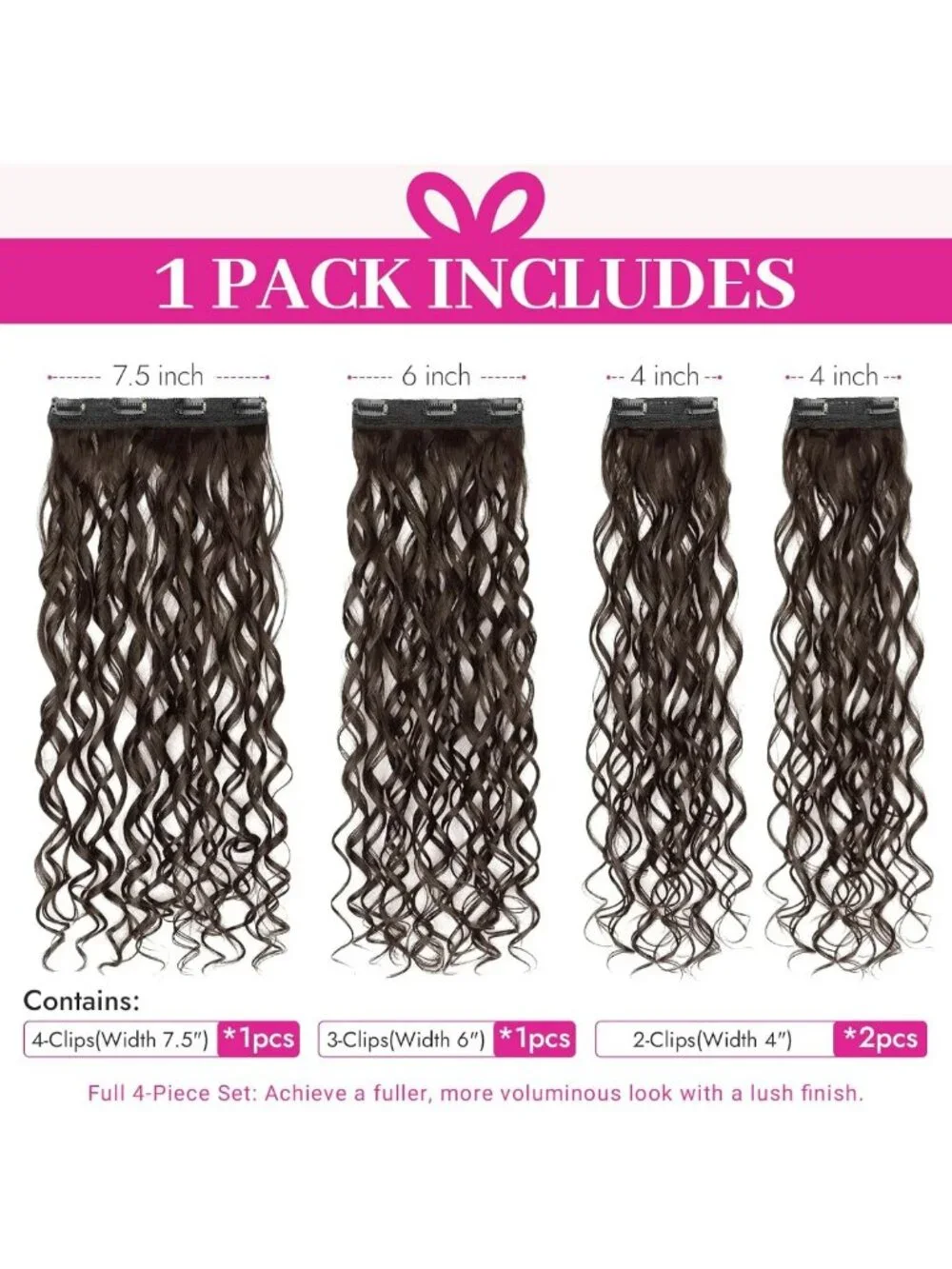 Bouncy Curly Clip-In Hair Extensions 4PCS - Synthetic Volume & Length Boost